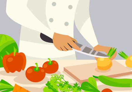 Cook profession background with cutting vegetables design flat vector illustrationのイラスト素材
