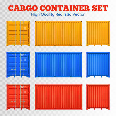Colorful cargo containers views from different sides set isolated on transparent background realistic vector illustrationのイラスト素材
