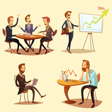 Businessmen cartoon icons set with profit symbols on yellow background isolated vector illustrationのイラスト素材