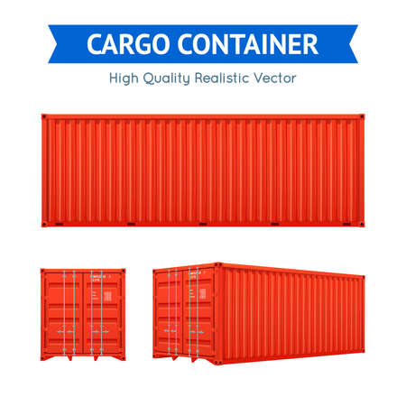 Red cargo freight container from side and isometric views set isolated on white background realistic vector illustrationのイラスト素材