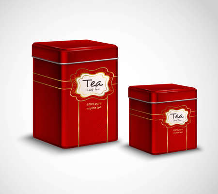 High quality tea metal packaging and storage containers realistic advertisement  poster with 2 red tins vector illustrationのイラスト素材