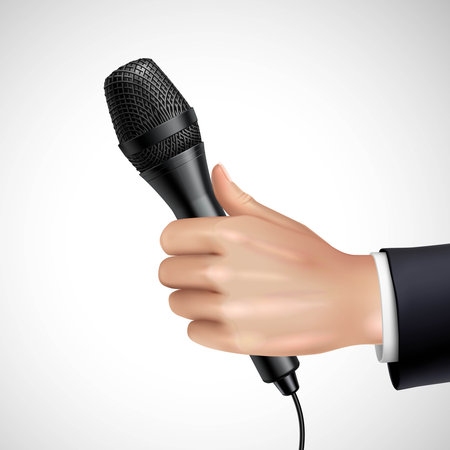 Hand with microphone realistic image detail poster with journalist or reporter at press conference interview vector illustrationのイラスト素材