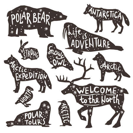 Monochrome polar animals silhouettes with lettering greeting and stars isolated on white background flat vector illustrationのイラスト素材