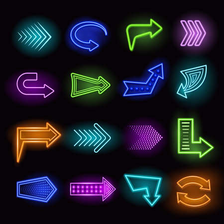 Neon realistic arrows set showing direction on black background isolated vector illustrationのイラスト素材