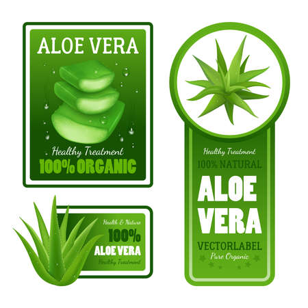 Pure organic natural green aloe vera leaves healthy treatment label banners with text set isolated realistic vector illustrationのイラスト素材