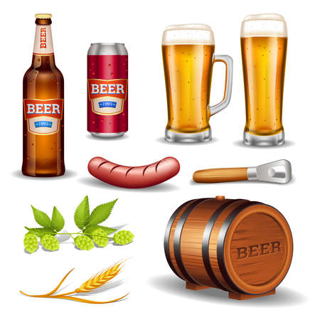 Beer realistic icons collection with bottle glass mug keg sausage and hop cones isolated vector illustrationのイラスト素材