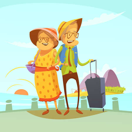 Senior couple traveling background with suitcase and sights cartoon vector illustrationのイラスト素材