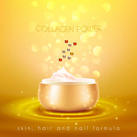 Collagen power moisturizing face skin cream with anti-aging effect advertisement with golden background poster vector illustrationのイラスト素材