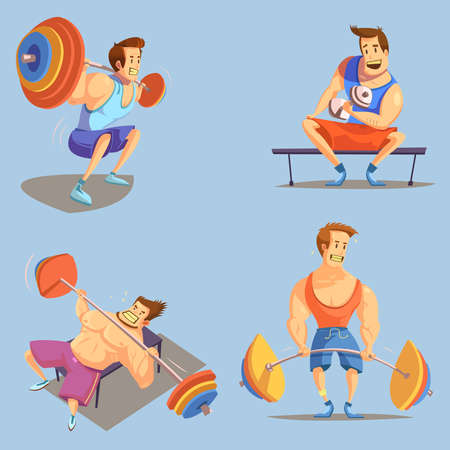 Gym cartoon icons set with weightlifting symbols on blue background isolated vector illustrationのイラスト素材