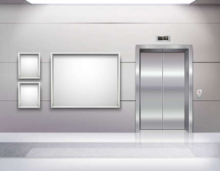 Realistic empty elevator hall interior with close metallic lift doors marble floor fluorescent light in ceiling and grey walls vector illustrationのイラスト素材
