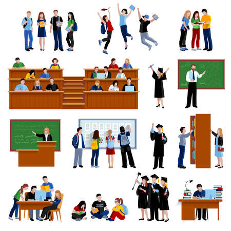 Students at the university in library in auditorium and after exam flat color icons set on white background isolated vector illustrationのイラスト素材