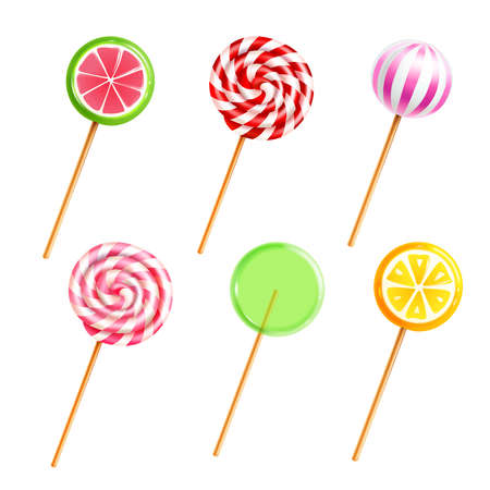 Colorful sweets lollipops and candies with different designs on sticks on white background realistic icons set isolated vector illustrationのイラスト素材