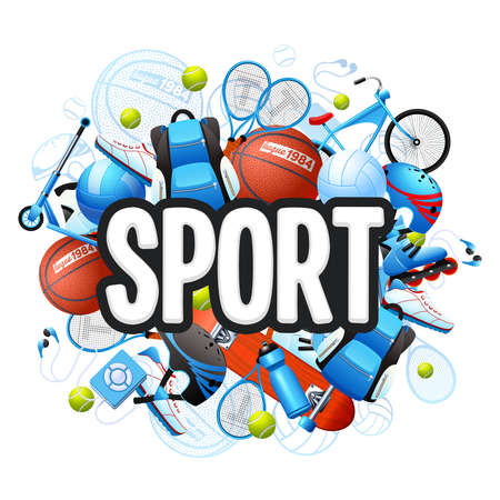 Summer sports cartoon concept with sports equipment and outfit vector illustrationのイラスト素材