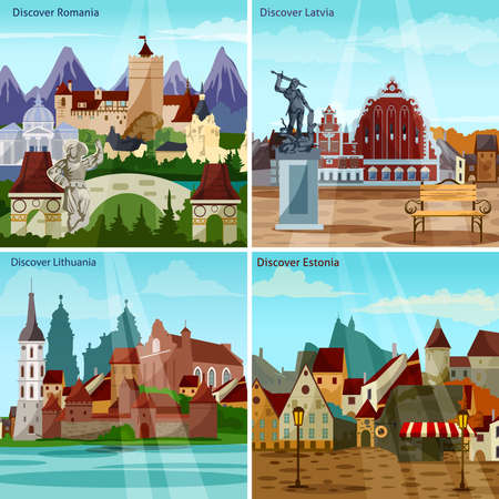 European Cityscapes Concept. Europe And Sights Vector Illustration. European Cities Flat Icons Set. European Countries Design Set. Eastern Europe Isolated Elements.のイラスト素材