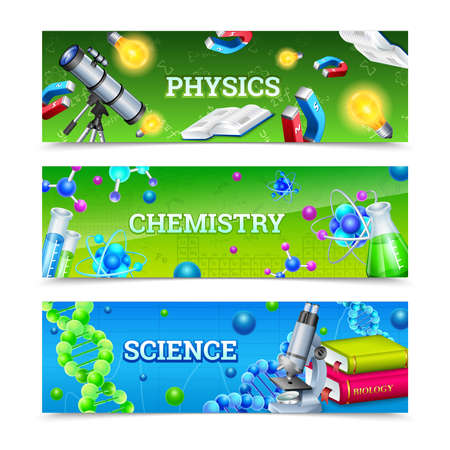 Science horizontal banners set with icons collection for chemical biological and physical laboratory experiment vector illustrationのイラスト素材