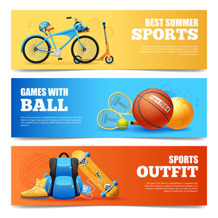 Summer sports cartoon horizontal banners set with cycling and basketball isolated vector illustrationのイラスト素材
