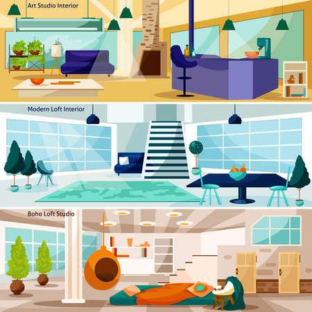 Loft Stidio Interiors Flat Concept. Loft Stidio Interiors Horizontal Banners. Loft Stidio Interiors Vector Illustration. Loft Stidio Interiors Isolated Set. Loft Room Interiors Design Symbols.のイラスト素材