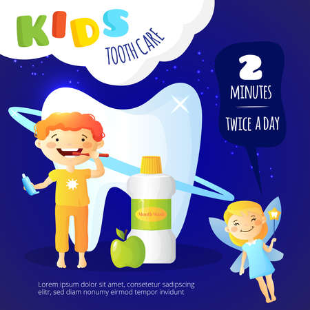 Kids dental care poster with mouth wash and tooth fairy symbols flat vector illustrationのイラスト素材