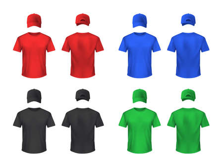 Basebal cap and t-shirt front and back sets in blue green black red realistic isolated vector illustrationのイラスト素材