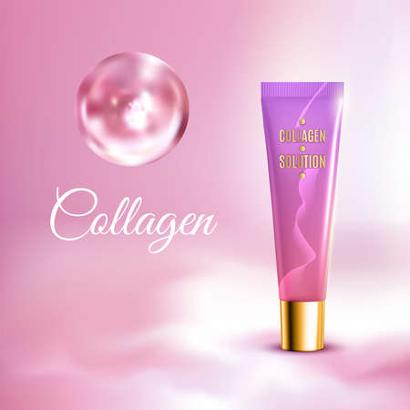 Collagen solution intensive cream tube pink background advertisement poster for pharmaceutical and cosmetics products realistic vector illustrationのイラスト素材