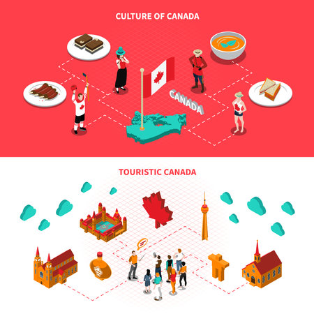 Canadian historical landmarks and attractions for tourists 2 isometric horizontal banners with national cuisine dishes isolated vector illustrationのイラスト素材