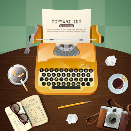Flat workplace for journalist with vintage typewriter camera and notepad vector illustrationのイラスト素材
