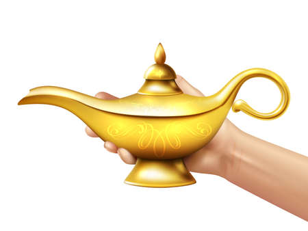 A person holds in his hand realistic golden lamp of Aladdin on white background vector illustrationのイラスト素材