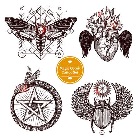 Occult Tattoo Sketch Concept. Occult Tattoo Hand Drawn Set. Magic Modern Tattoo Vector Illustration. Magic Occult Tattoo Symbols. Magic Occult Tattoo Design Set.のイラスト素材