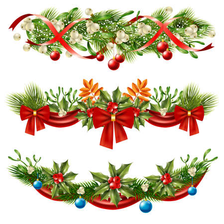 Christmas flat set of beautiful wall decorations with berries branches and ribbons isolated on white background vector illustrationのイラスト素材