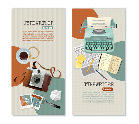 Journalist typewriter camera and other tools for work vertical banners with text fields flat isolated vector illustrationのイラスト素材