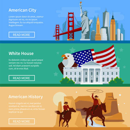 Horizontal usa flat banners with american cityscape white house and cowboys isolated vector illustrationのイラスト素材