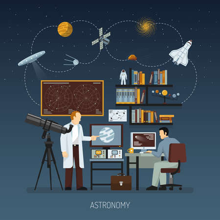 Astronomy design concept with scientists busying cosmos exploration and modern equipment for space research flat vector illustrationのイラスト素材