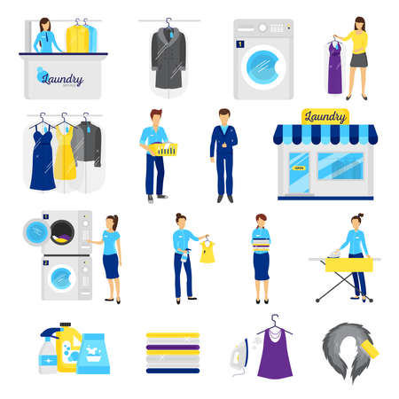 Laundry service set with dry cleaning symbols flat isolated vector illustrationのイラスト素材