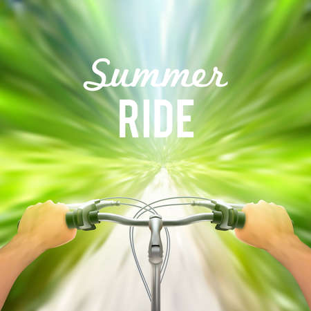 Handlebar background moving poster man rides through the woods on bicycle at great speed vector illustrationのイラスト素材