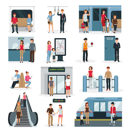 Flat design set with people in different situations in subway isolated on white background vector illustrationのイラスト素材