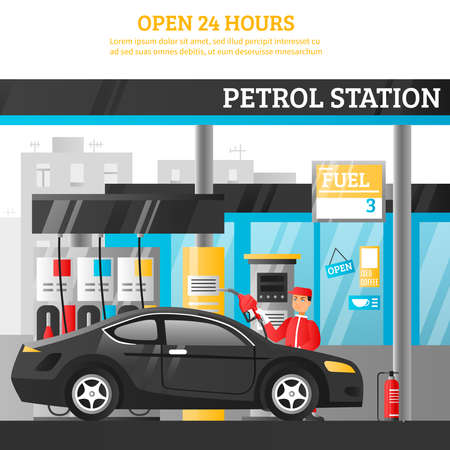 Petrol station flat composition with worker at car and open 24 hours advertising vector illustrationのイラスト素材