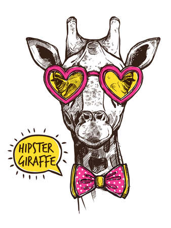 Hipster giraffe portrait in stylish pink heart glasses and bow-tie vector illustrationのイラスト素材