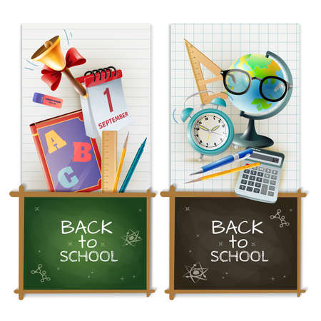 Back to school 2 vertical realistic banners set with chalkboards alarm clock and classroom accessories isolated vector illustrationのイラスト素材