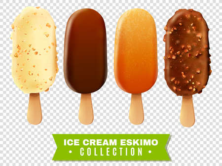 Ice cream collection of eskimo pie with white dark and milc varieties of chocolate glaze at transparent background realistic vector illustrationのイラスト素材