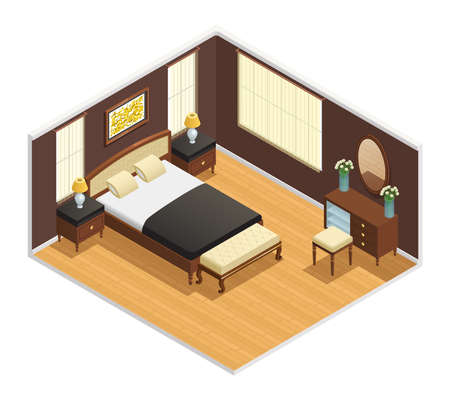 Isometric luxury interior for bedroom with double bed bedside tables and decorations vector illustrationのイラスト素材