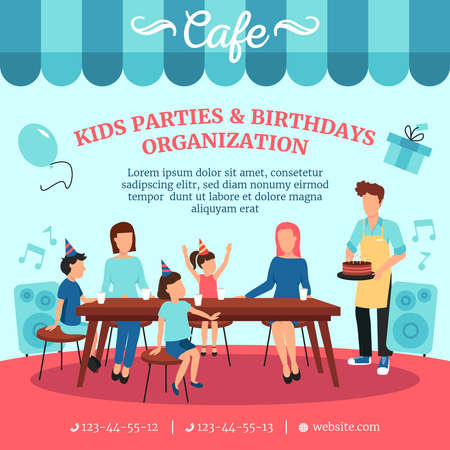 Healthy food for kids birthday parties with special treats cafe restaurant catering advertisement poster flat vector illustrationのイラスト素材