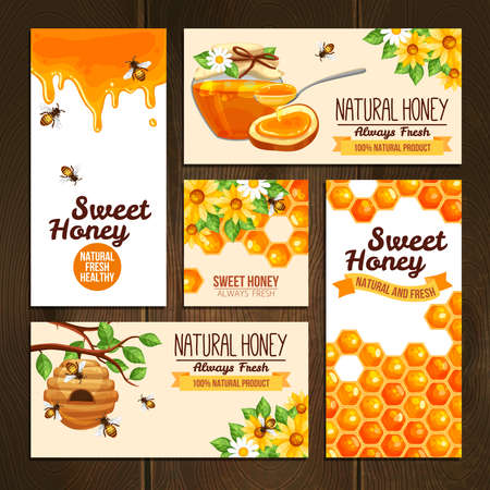 horizontal vertical and square banners presenting sweet natural honey with bees hive and wax cells vector illustrationのイラスト素材