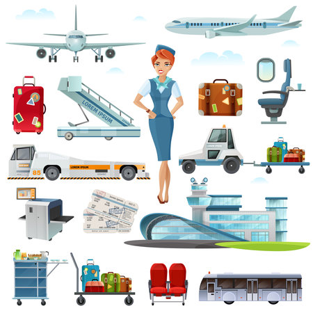 Airport flight attributes and accessories flat icons set with stewardess luggage airline tickets  abstract isolated vector illustrationsのイラスト素材