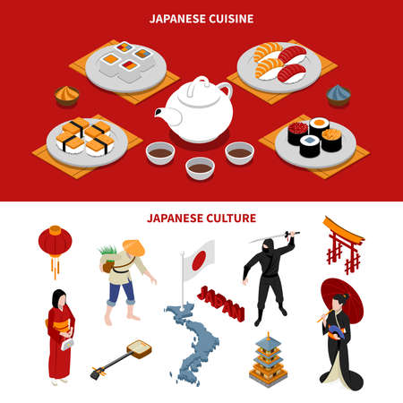 Horizontal japan touristic isometric banners with japanese national cuisine and various cultural elements on red and white backgrounds isometric isolated, vector, illustrationのイラスト素材