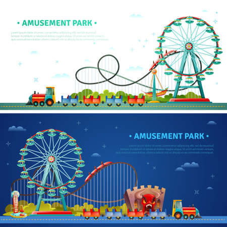 Amusement park horizontal flat banners with kids train ferris wheel roller coaster icons compositions vector illustrationのイラスト素材