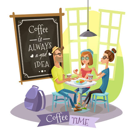 Coffee time design concept with group of young people belonging to subculture of hipsters drinking coffee in cafe interior flat vector illustrationのイラスト素材