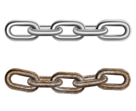 Two realistic pieces of steel and iron rusty links strong heavy chains horizontal isolated vector illustrationのイラスト素材