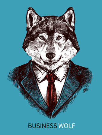 Hand drawn poster of business wolf in suit portrait on blue background fashion vector illustration