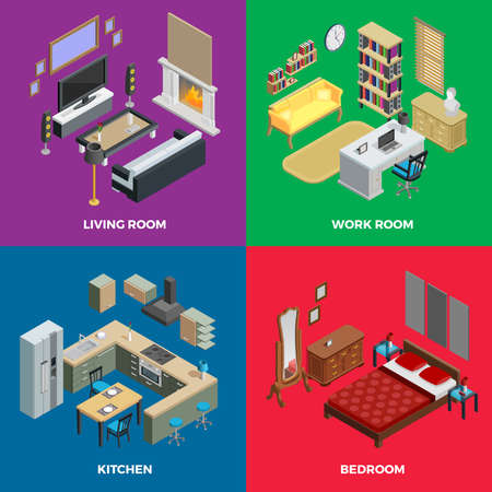 Interior composition icons set with living room bedroom and kitchen isolated vector illustrationのイラスト素材