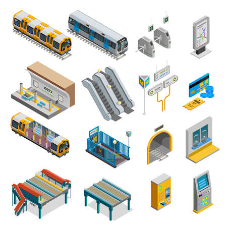 Underground isometric set with train and station symbols isolated vector illustrationのイラスト素材